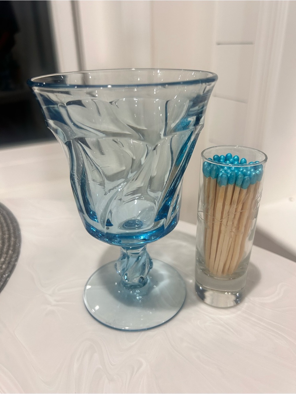 Vintage Fostoria Jamestown goblet candle holder w striker matches w/ blue tips